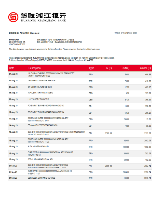 Modèle Word et PDF de relevé de compte d'entreprise de la Huarong Xiangjiang Bank